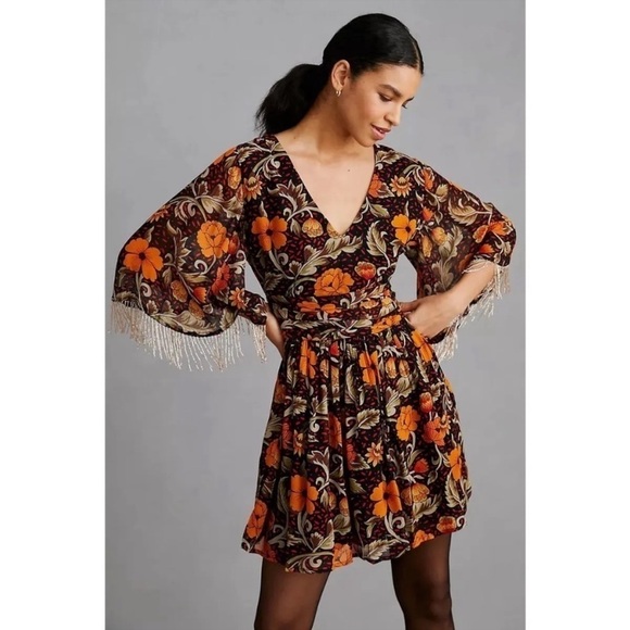 Anthropologie VERB By Pallavi Singhee Fringed Floral Beaded Mini Dress NWT - Picture 1 of 8